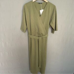 Zara Sage Green  Midi Kimono 1/2 Wrap Dress